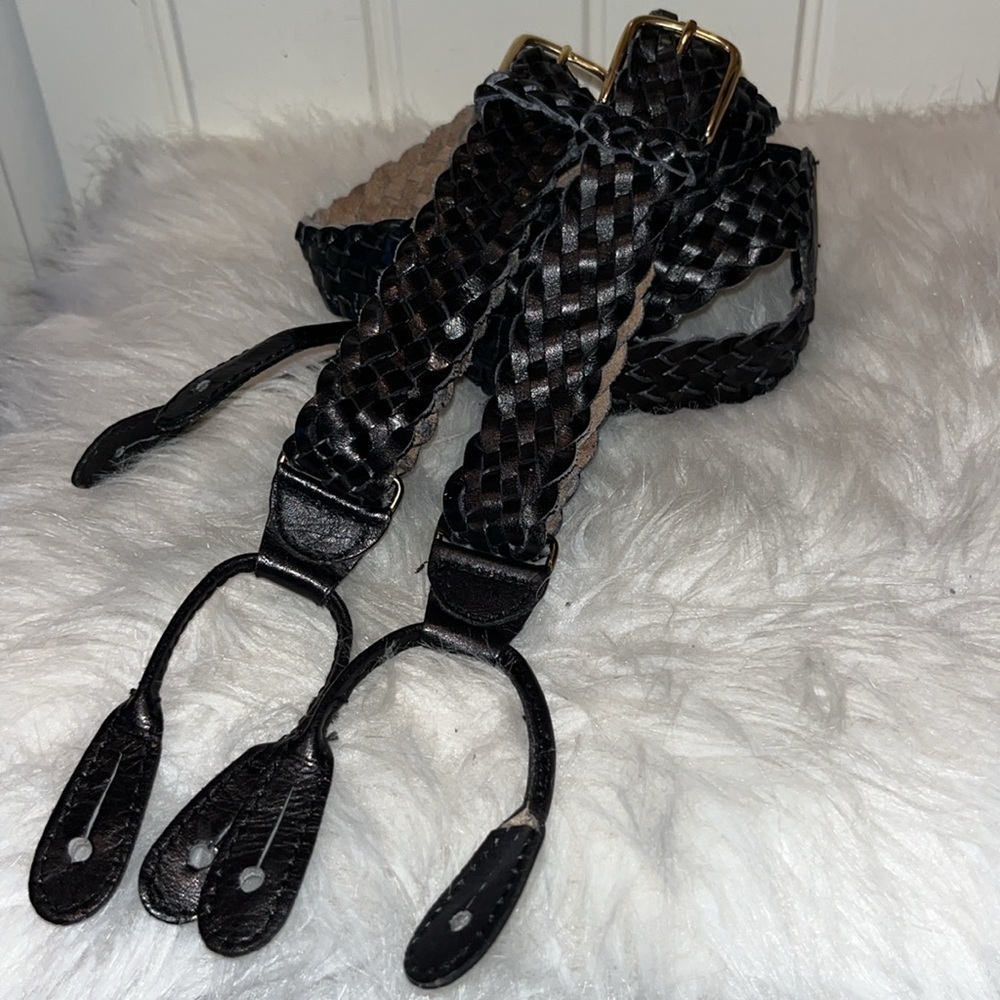 Black braided leather suspenders made in Haiti gold tone hardware